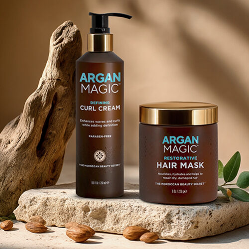Argan Magic haircare product line — bottles with argan oil formula